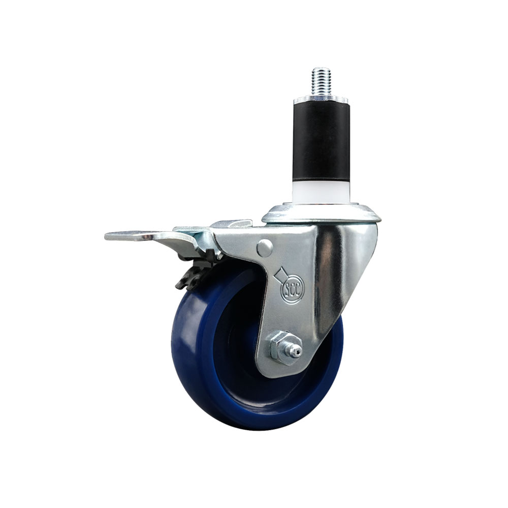 Stainless Steel Solid Polyurethane Expanding Stem Swivel Caster with 3.5 Inch Blue Wheel and 1-1/2" Stem & Total Locking Brake - 300 lbs. Capacity Per Caster - Service Caster Brand — photo 1