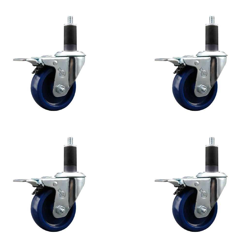 Stainless Steel Solid Polyurethane Swivel Expanding Stem Caster Set of 4 with 3.5 Inch Blue Wheels and 1-1/4" Stems-4 Swivel with Total Locking Brakes-300 lbs. Capacity Per Caster-Service Caster Brand — photo 1