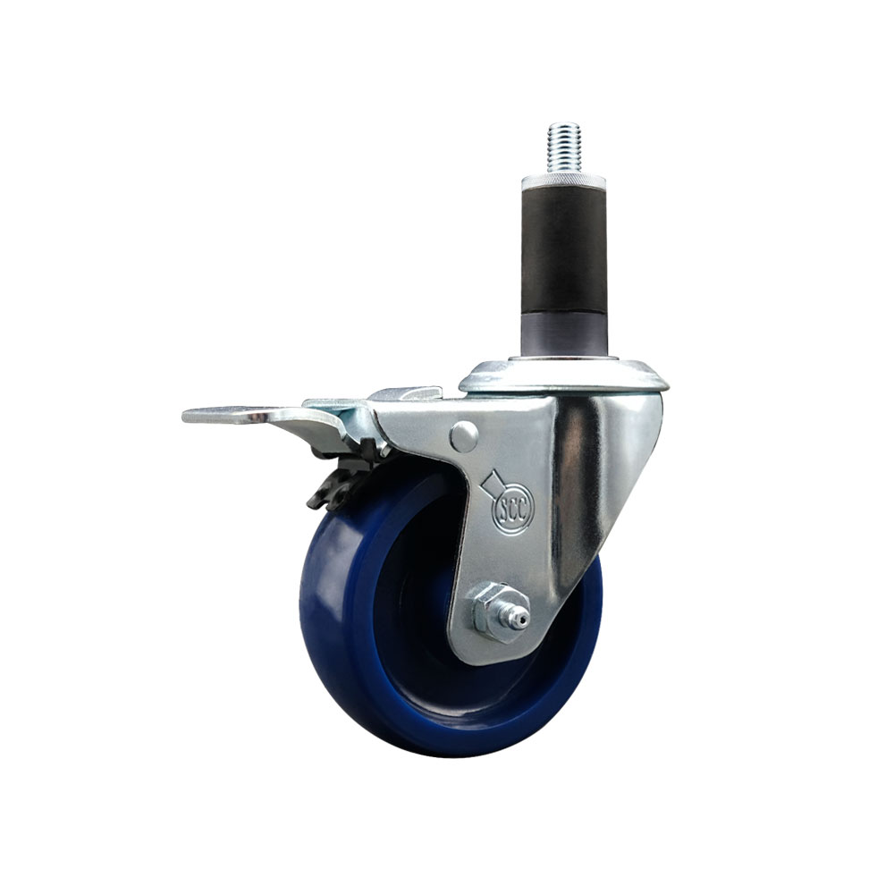 Solid Polyurethane Expanding Stem Swivel Caster with 3.5 Inch Blue Wheel and 1-1/4" Stem & Total Locking Brake - 300 lbs. Capacity Per Caster - Service Caster Brand — photo 1