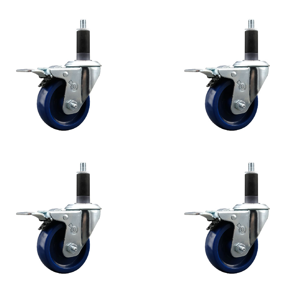 Stainless Steel Solid Polyurethane Swivel Expanding Stem Caster Set of 4 with 3.5 Inch Blue Wheels and 1-1/8" Stems-4 Swivel with Total Locking Brakes-300 lbs. Capacity Per Caster-Service Caster Brand — photo 1