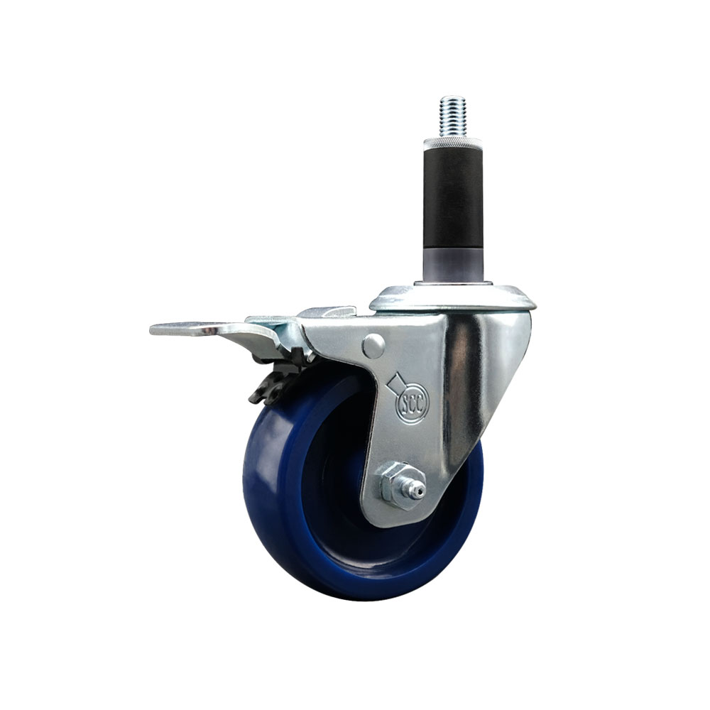 Solid Polyurethane Expanding Stem Swivel Caster with 3.5 Inch Blue Wheel and 1-1/8" Stem & Total Locking Brake - 300 lbs. Capacity Per Caster - Service Caster Brand — photo 1