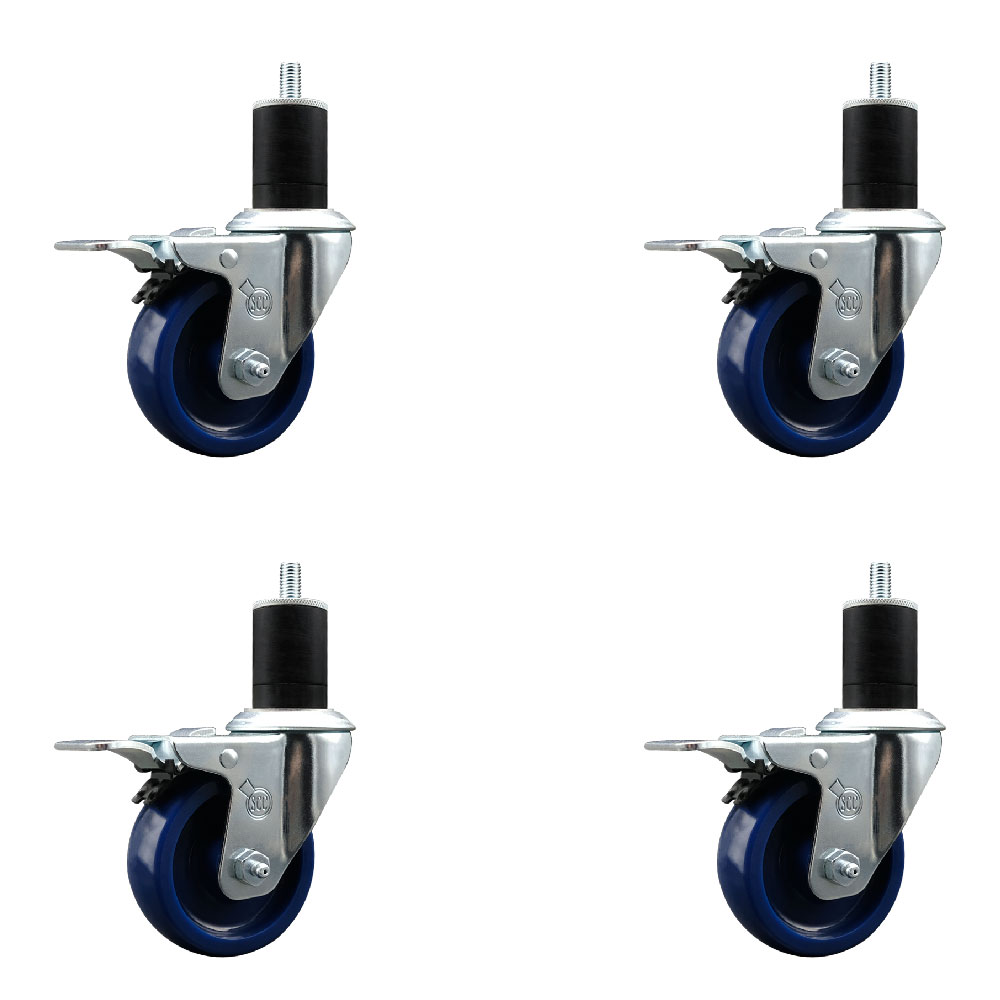 Solid Polyurethane Swivel Expanding Stem Caster Set of 4 with 3.5 Inch Blue Wheels and 1-3/4" Stems - Includes 4 Swivel with Total Locking Brakes - 300 lbs. Capacity Per Caster - Service Caster Brand — photo 1
