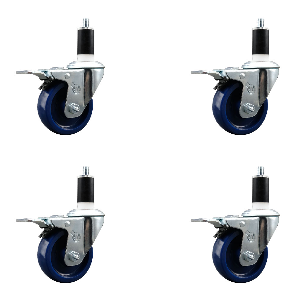 Solid Polyurethane Swivel Expanding Stem Caster Set of 4 with 3.5 Inch Blue Wheels and 1-3/8" Stems - Includes 4 Swivel with Total Locking Brakes - 300 lbs. Capacity Per Caster - Service Caster Brand — photo 1