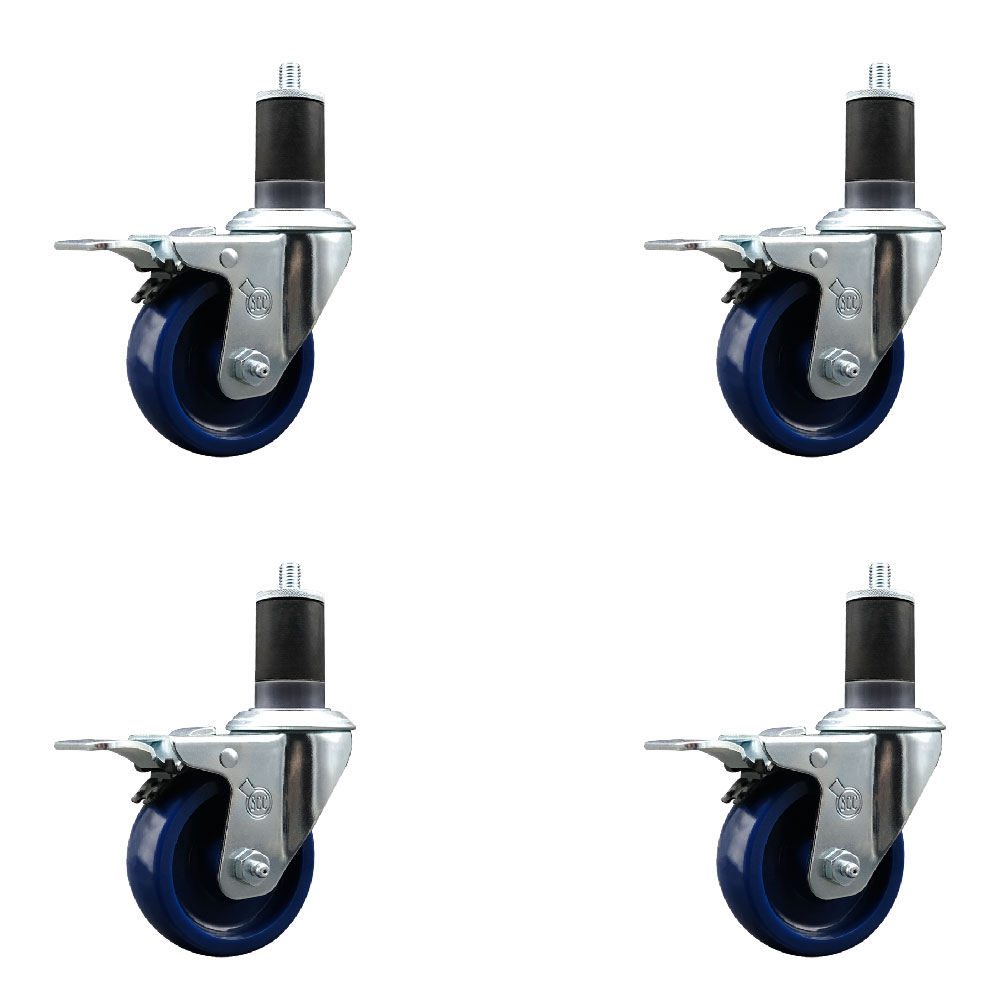 Stainless Steel Solid Polyurethane Swivel Expanding Stem Caster Set of 4 with 3.5 Inch Blue Wheels and 1-5/8" Stems-4 Swivel with Total Locking Brakes-300 lbs. Capacity Per Caster-Service Caster Brand — photo 1