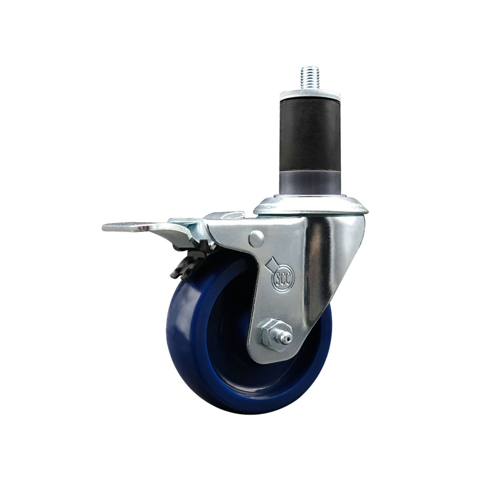 Solid Polyurethane Expanding Stem Swivel Caster with 3.5 Inch Blue Wheel and 1-5/8" Stem & Total Locking Brake - 300 lbs. Capacity Per Caster - Service Caster Brand — photo 1