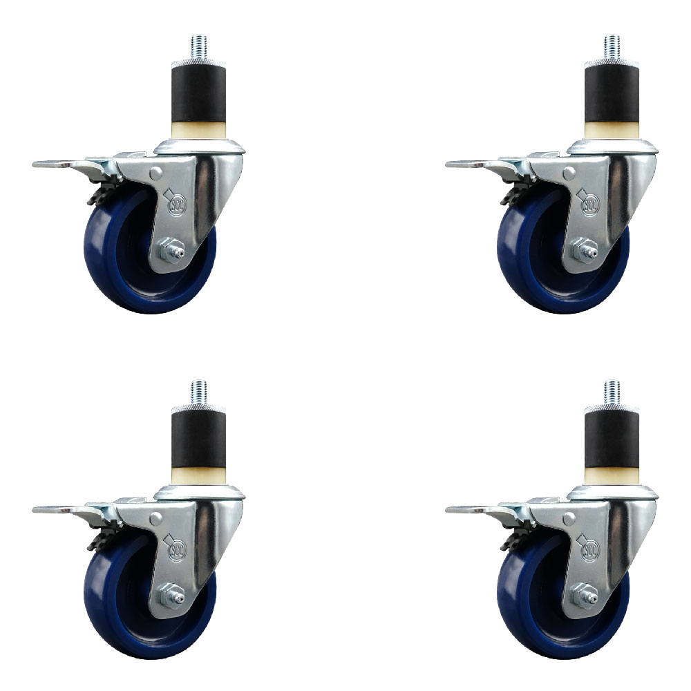 Stainless Steel Solid Polyurethane Swivel Expanding Stem Caster Set of 4 with 3.5 Inch Blue Wheels and 1-7/8" Stems-4 Swivel with Total Locking Brakes-300 lbs. Capacity Per Caster-Service Caster Brand — photo 1