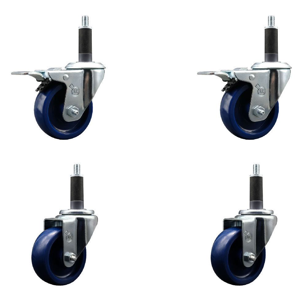 Stainless Steel Solid Polyurethane Swivel Expanding Stem Caster Set of 4 with 3.5 Inch Blue Wheels and 1" Stems - Includes 2 with Total Locking Brakes - 1200 lbs Total Capacity - Service Caster Brand — photo 1