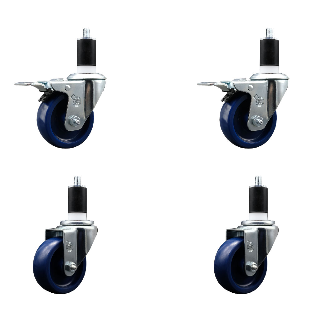 Solid Polyurethane Swivel Expanding Stem Caster Set of 4 with 3.5 Inch Blue Wheels and 1-1/2" Stems - Includes 2 with Total Locking Brakes - 1200 lbs Total Capacity - Service Caster Brand — photo 1