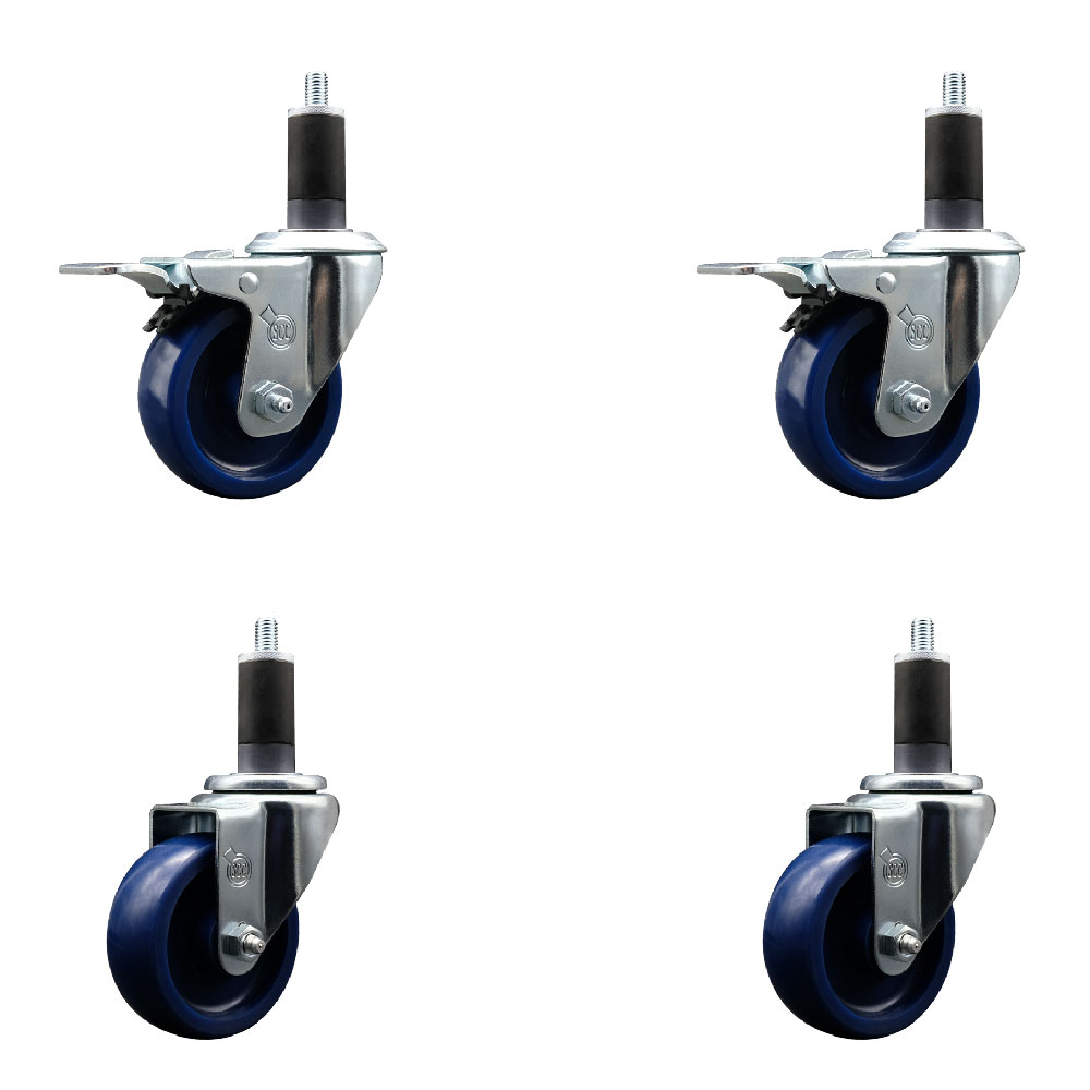 Solid Polyurethane Swivel Expanding Stem Caster Set of 4 with 3.5 Inch Blue Wheels and 1-1/4" Stems - Includes 2 with Total Locking Brakes - 1200 lbs Total Capacity - Service Caster Brand — photo 1