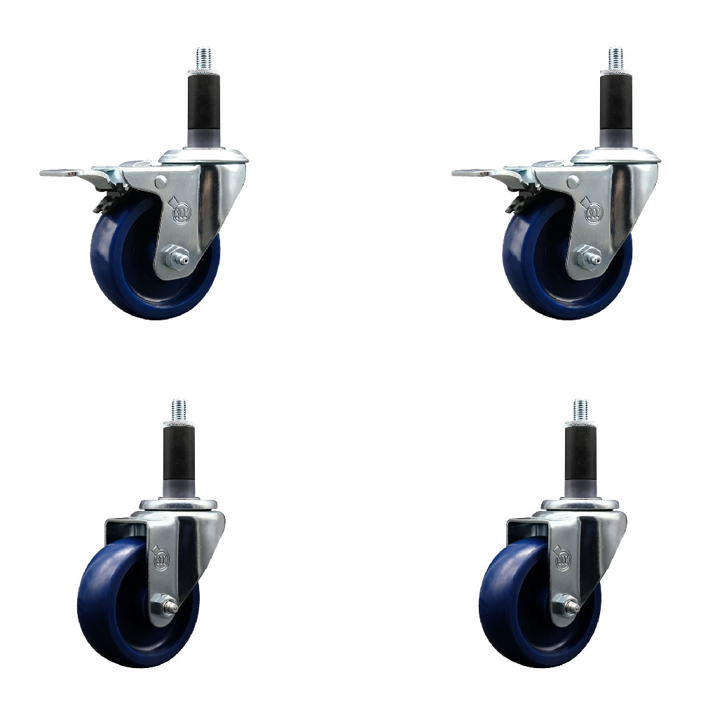 Stainless Steel Solid Polyurethane Swivel Expanding Stem Caster Set of 4 with 3.5 Inch Blue Wheels and 1-1/8" Stems - 2 with Total Locking Brakes - 1200 lbs Total Capacity - Service Caster Brand — photo 1