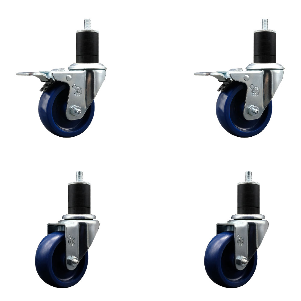 Stainless Steel Solid Polyurethane Swivel Expanding Stem Caster Set of 4 with 3.5 Inch Blue Wheels and 1-3/4" Stems - 2 with Total Locking Brakes - 1200 lbs Total Capacity - Service Caster Brand — photo 1