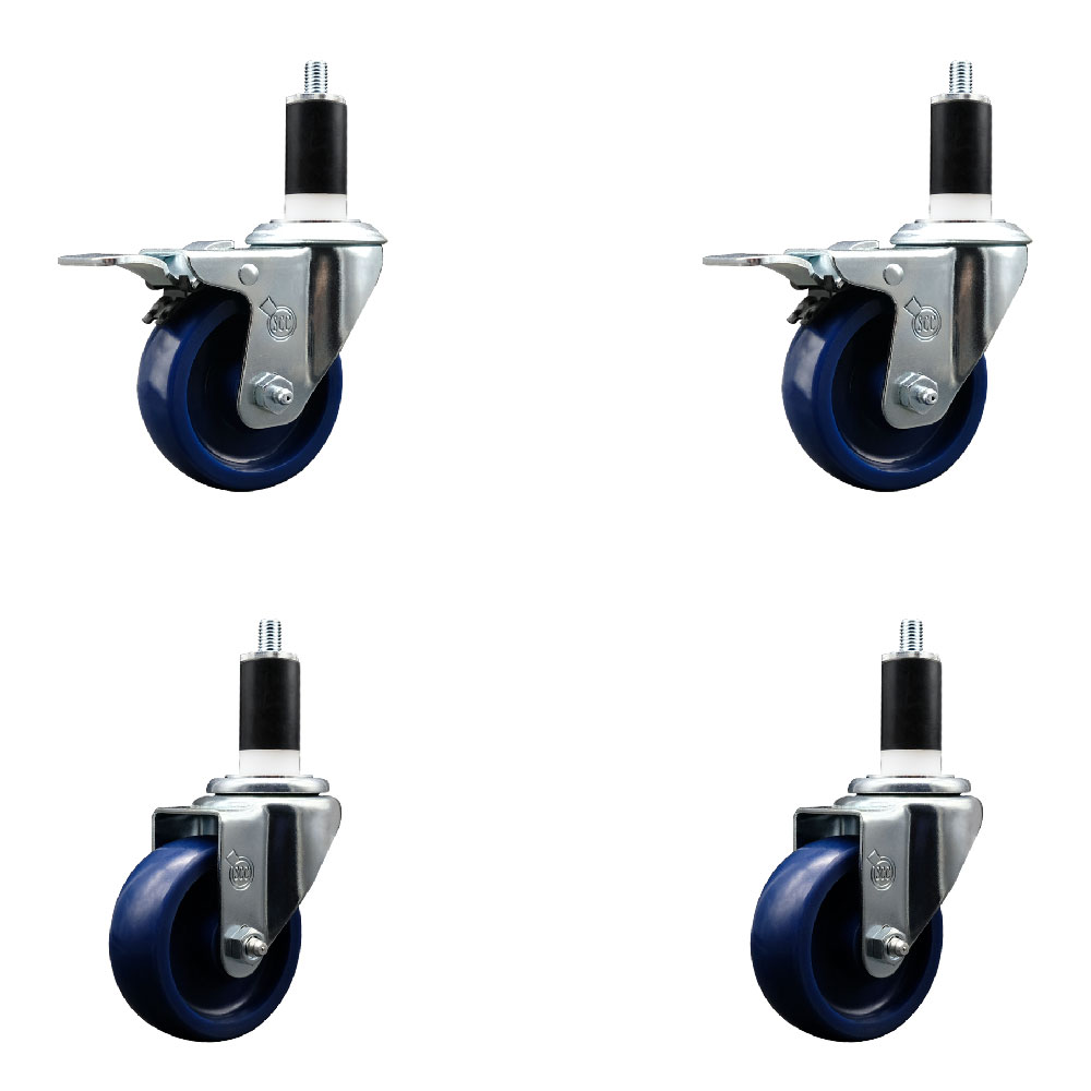 Solid Polyurethane Swivel Expanding Stem Caster Set of 4 with 3.5 Inch Blue Wheels and 1-3/8" Stems - Includes 2 with Total Locking Brakes - 1200 lbs Total Capacity - Service Caster Brand — photo 1