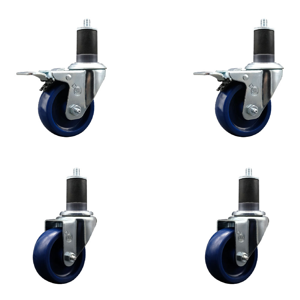 Stainless Steel Solid Polyurethane Swivel Expanding Stem Caster Set of 4 with 3.5 Inch Blue Wheels and 1-5/8" Stems - 2 with Total Locking Brakes - 1200 lbs Total Capacity - Service Caster Brand — photo 1