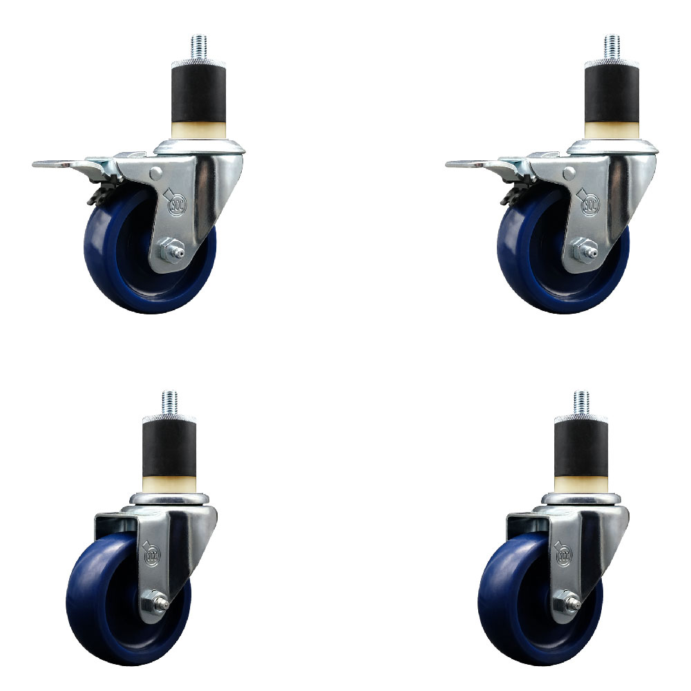 Solid Polyurethane Swivel Expanding Stem Caster Set of 4 with 3.5 Inch Blue Wheels and 1-7/8" Stems - Includes 2 with Total Locking Brakes - 1200 lbs Total Capacity - Service Caster Brand — photo 1