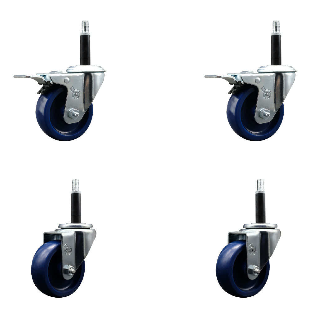 Solid Polyurethane Swivel Expanding Stem Caster Set of 4 with 3.5 Inch Blue Wheels and 3/4" Stems - Includes 2 with Total Locking Brakes - 1200 lbs Total Capacity - Service Caster Brand — photo 1