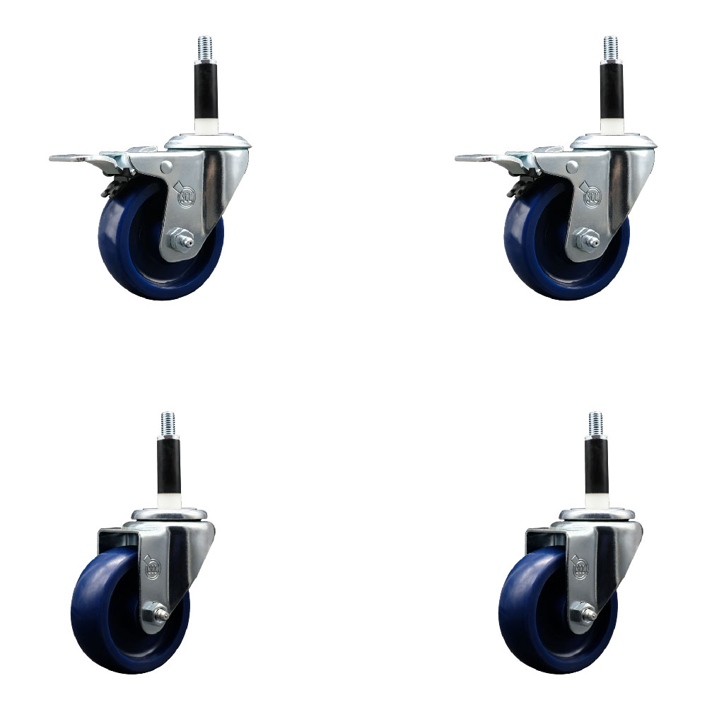 Stainless Steel Solid Polyurethane Swivel Expanding Stem Caster Set of 4 with 3.5 Inch Blue Wheels and 7/8" Stems - 2 with Total Locking Brakes - 1200 lbs Total Capacity - Service Caster Brand — photo 1