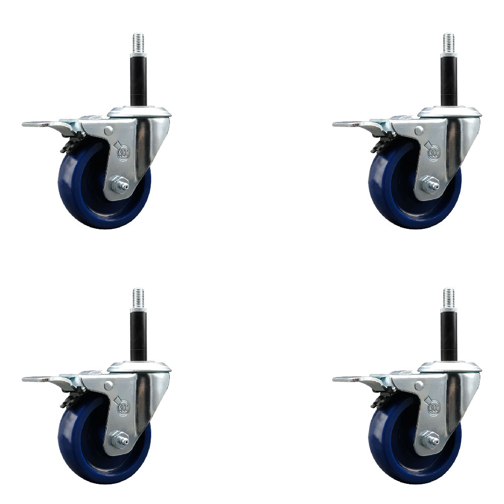 Stainless Steel Solid Polyurethane Swivel Expanding Stem Caster Set of 4 with 3.5 Inch Blue Wheels and 3/4" Stems-4 Swivel with Total Locking Brakes-300 lbs. Capacity Per Caster-Service Caster Brand — photo 1