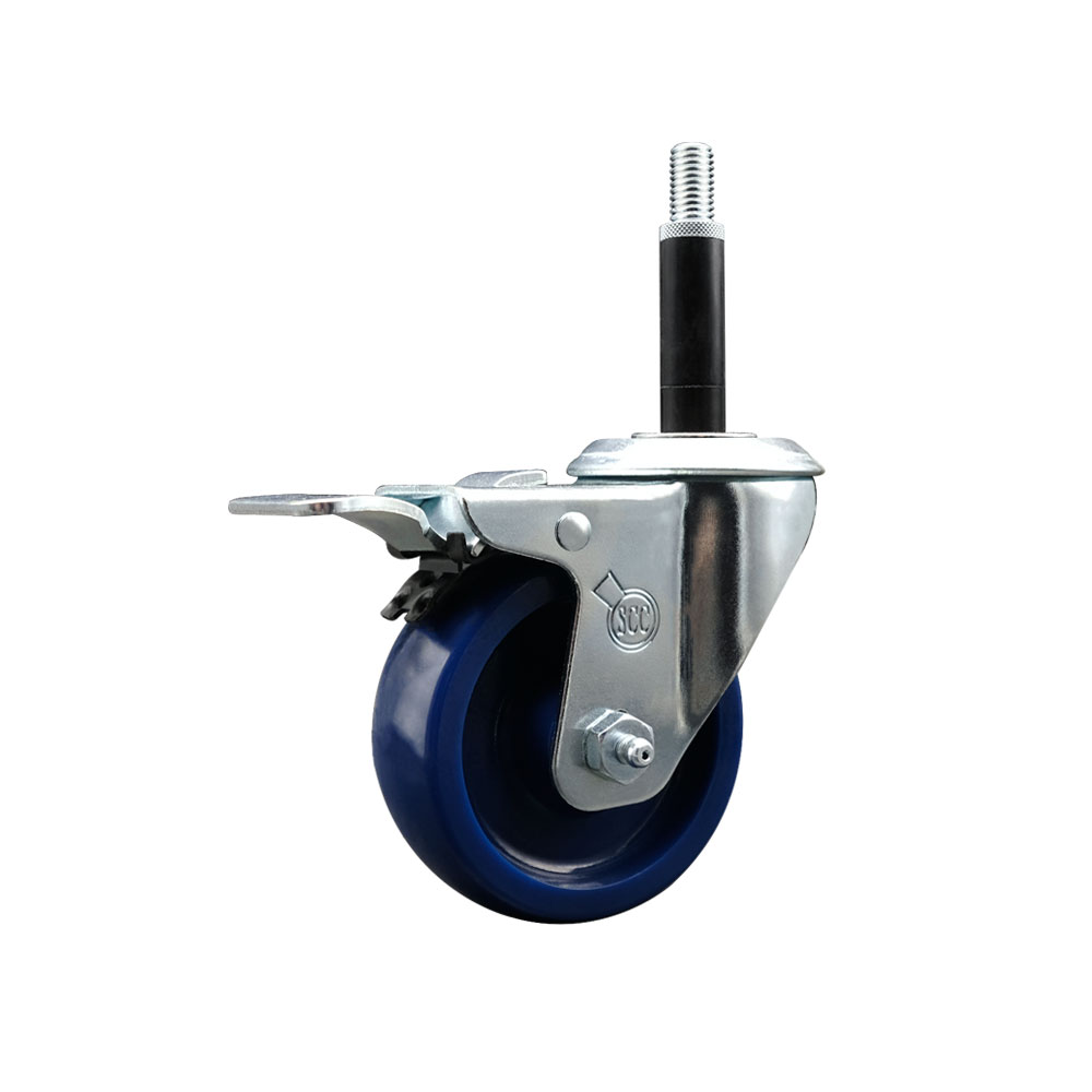 Solid Polyurethane Expanding Stem Swivel Caster with 3.5 Inch Blue Wheel and 3/4" Stem & Total Locking Brake - 300 lbs. Capacity Per Caster - Service Caster Brand — photo 1