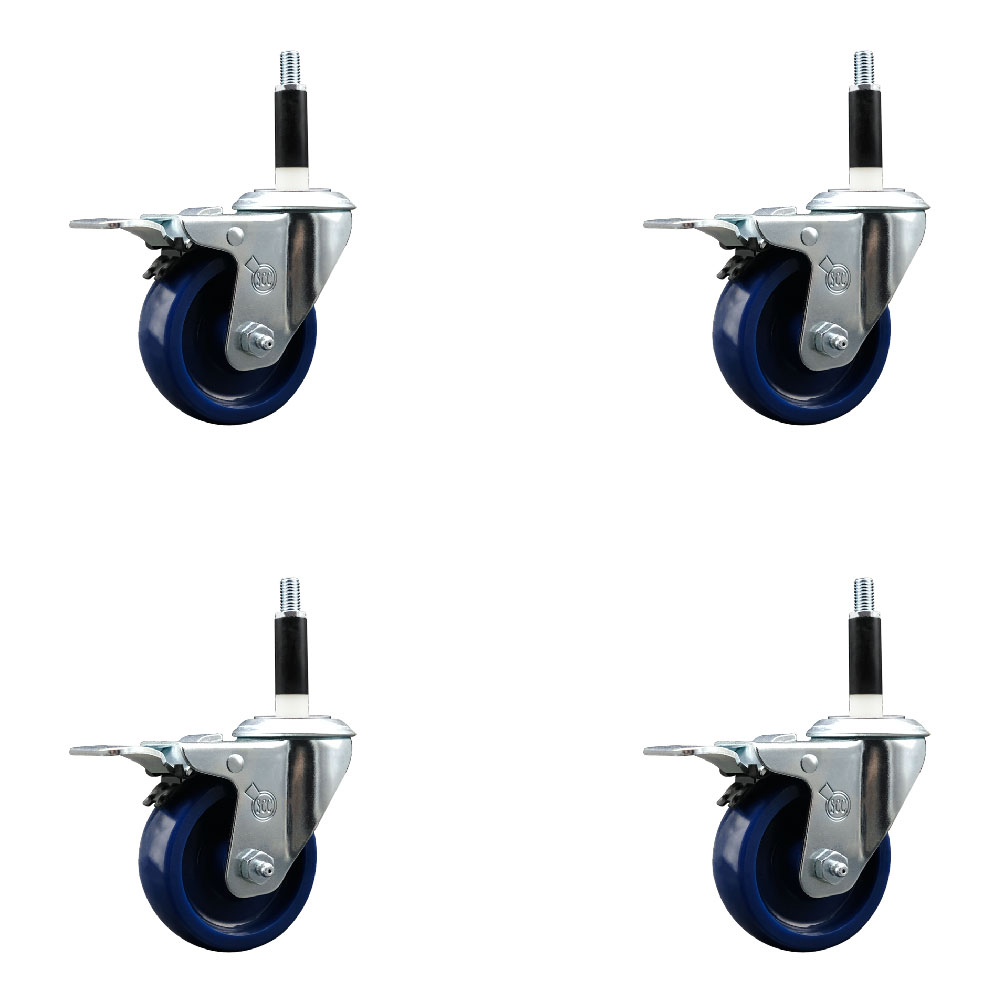Stainless Steel Solid Polyurethane Swivel Expanding Stem Caster Set of 4 with 3.5 Inch Blue Wheels and 7/8" Stems-4 Swivel with Total Locking Brakes-300 lbs. Capacity Per Caster-Service Caster Brand — photo 1