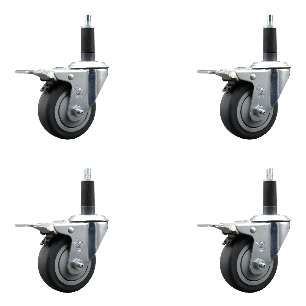 Stainless Steel Thermoplastic Rubber Swivel Expanding Stem Caster Set of 4 with 3.5 Inch Gray Wheels and 1" Stems-4 Swivel with Total Locking Brakes-230 lbs. Capacity Per Caster-Service Caster Brand — photo 1