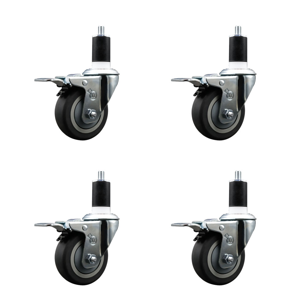 Stainless Steel Thermoplastic Rubber Swivel Expanding Stem Caster Set of 4 with 3.5 Inch Gray Wheels and 1-1/2" Stems-4 Swivel with Total Locking Brakes-230 lb Capacity Per Caster-Service Caster Brand — photo 1