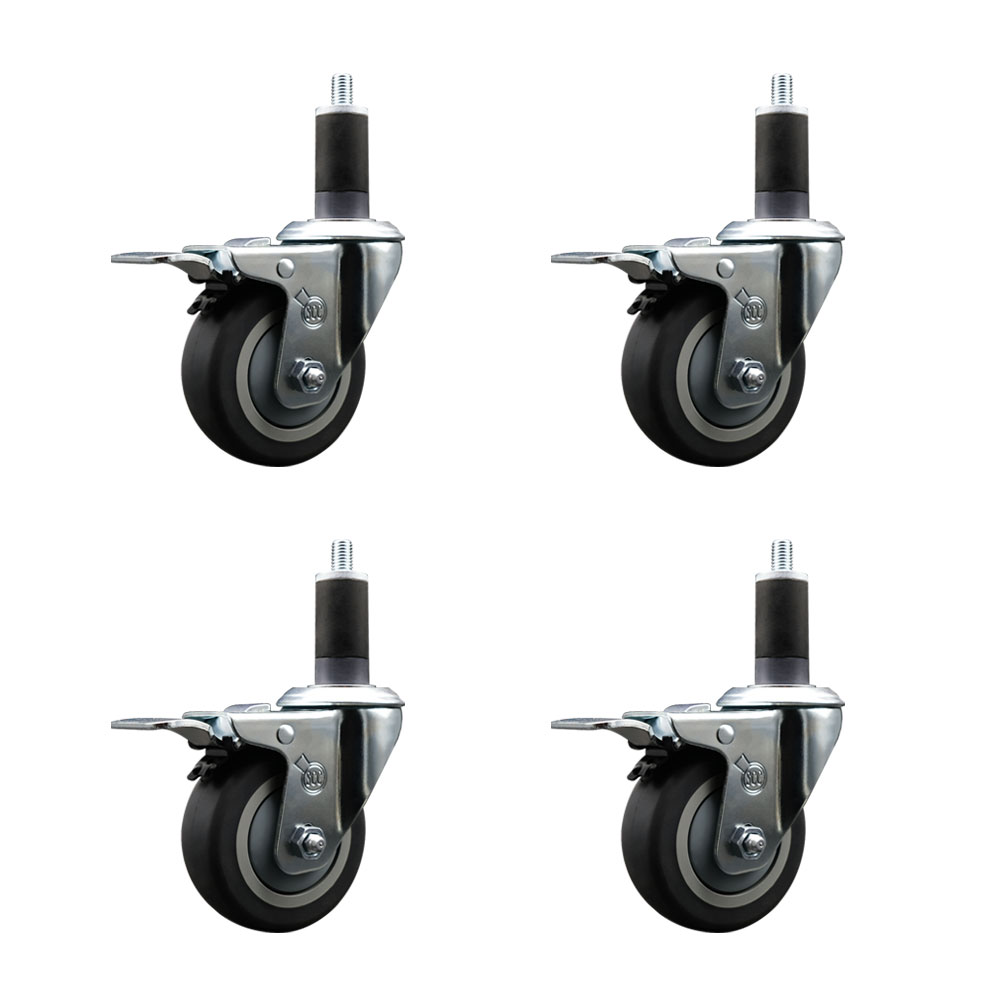 Stainless Steel Thermoplastic Rubber Swivel Expanding Stem Caster Set of 4 with 3.5 Inch Gray Wheels and 1-1/4" Stems-4 Swivel with Total Locking Brakes-230 lb Capacity Per Caster-Service Caster Brand — photo 1