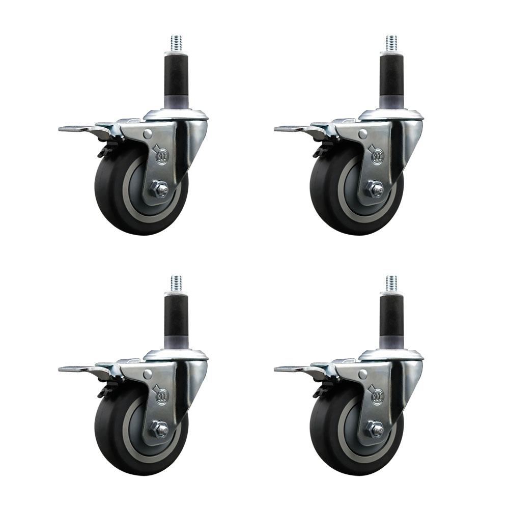 Stainless Steel Thermoplastic Rubber Swivel Expanding Stem Caster Set of 4 with 3.5 Inch Gray Wheels and 1-1/8" Stems-4 Swivel with Total Locking Brakes-230 lb Capacity Per Caster-Service Caster Brand — photo 1