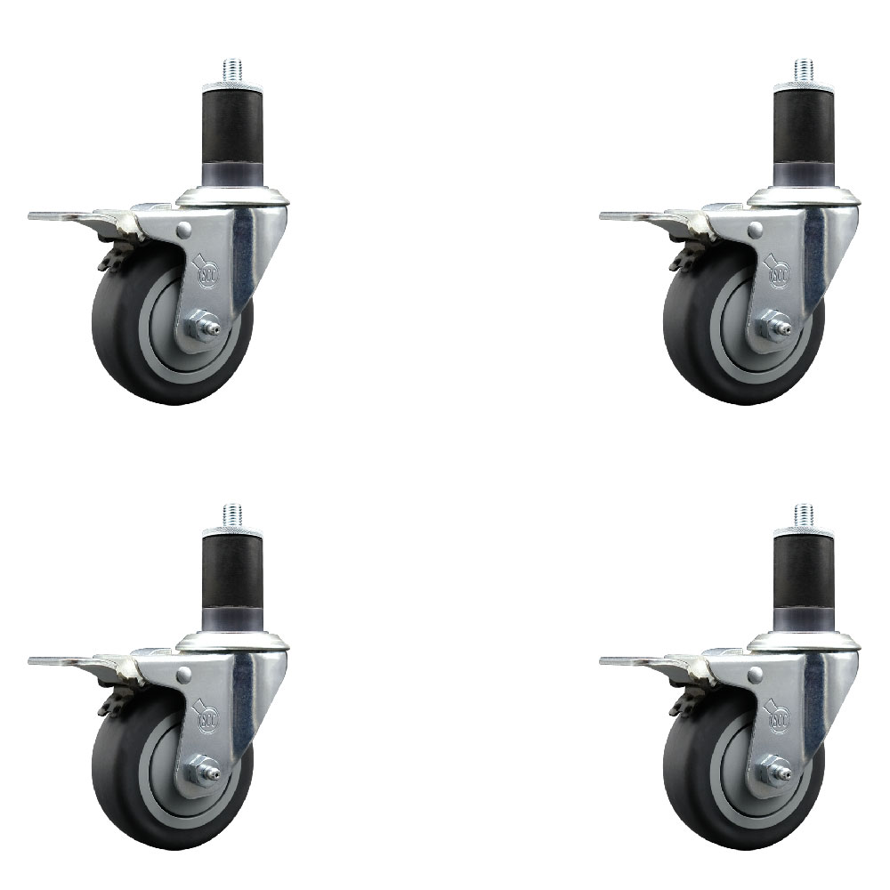 Stainless Steel Thermoplastic Rubber Swivel Expanding Stem Caster Set of 4 with 3.5 Inch Gray Wheels and 1-5/8" Stems-4 Swivel with Total Locking Brake-230lbs. Capacity Per Caster-Service Caster Brand — photo 1