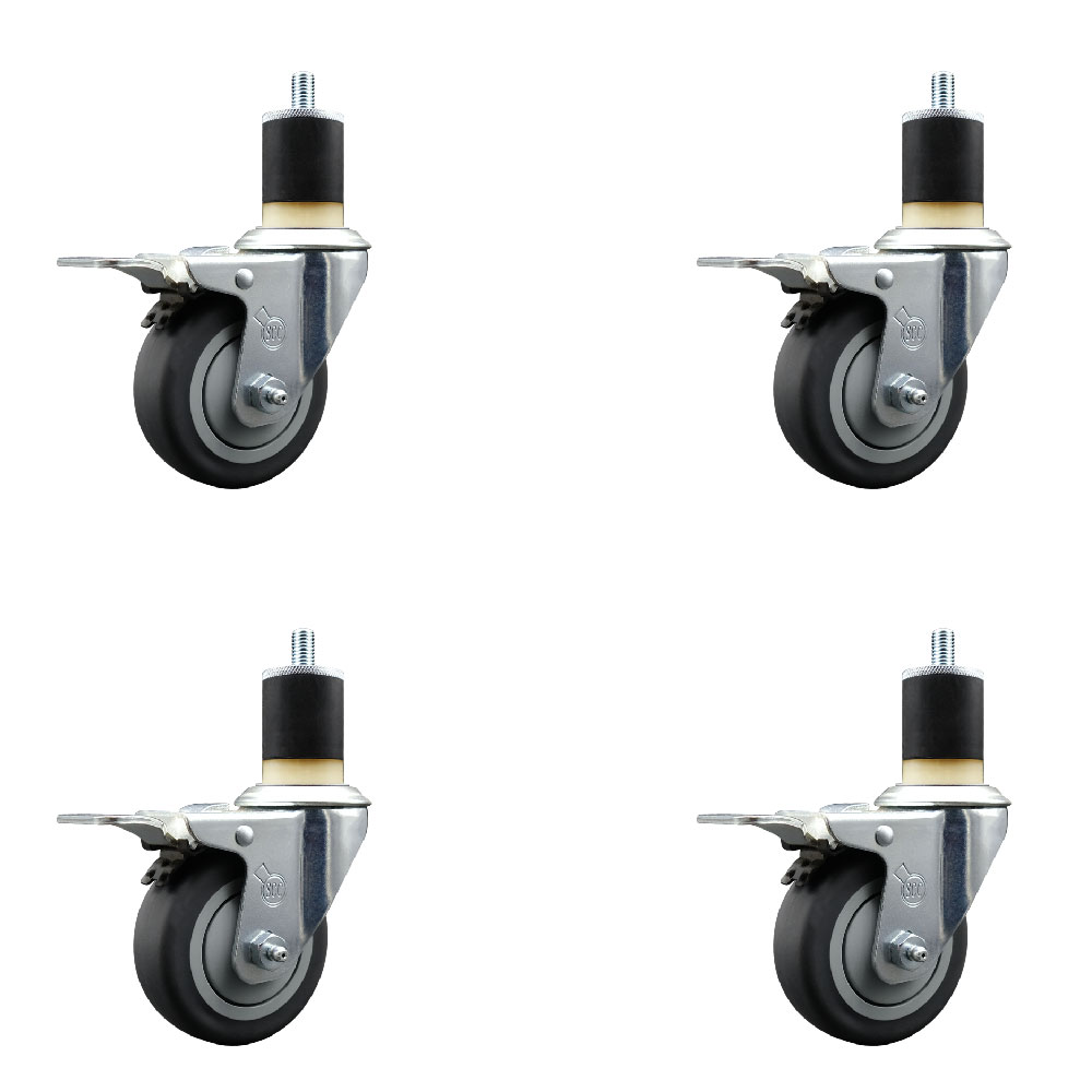 Stainless Steel Thermoplastic Rubber Swivel Expanding Stem Caster Set of 4 with 3.5 Inch Gray Wheels and 1-7/8" Stems-4 Swivel with Total Locking Brake-230lbs. Capacity Per Caster-Service Caster Brand — photo 1