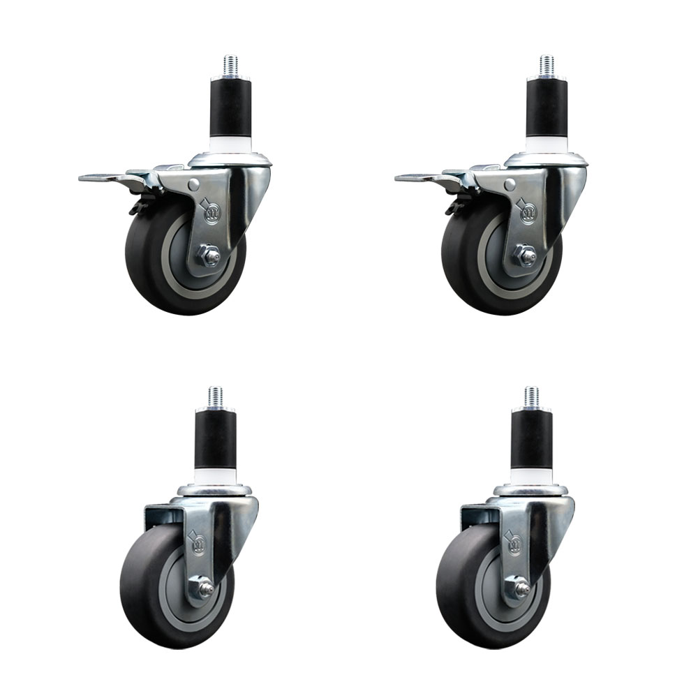 Stainless Steel Thermoplastic Rubber Swivel Expanding Stem Caster Set of 4 with 3.5 Inch Gray Wheels and 1-1/2" Stems - 2 with Total Locking Brakes - 920 lbs Total Capacity - Service Caster Brand — photo 1