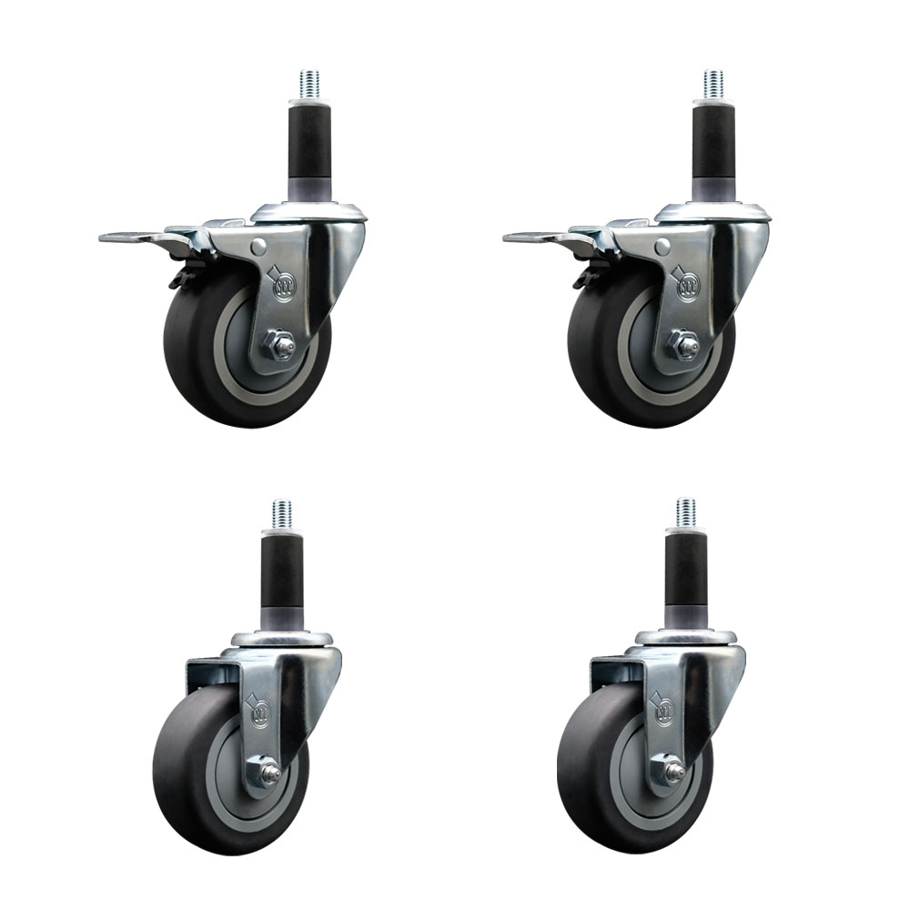 Stainless Steel Thermoplastic Rubber Swivel Expanding Stem Caster Set of 4 with 3.5 Inch Gray Wheels and 1-1/8" Stems - 2 with Total Locking Brakes - 920 lbs Total Capacity - Service Caster Brand — photo 1
