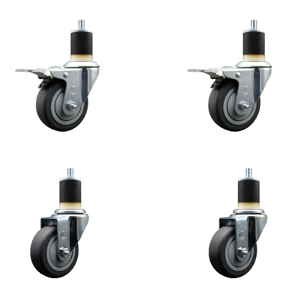 Stainless Steel Thermoplastic Rubber Swivel Expanding Stem Caster Set of 4 with 3.5 Inch Gray Wheels and 1-7/8" Stems - 2 with Total Locking Brakes - 920 lbs Total Capacity - Service Caster Brand — photo 1
