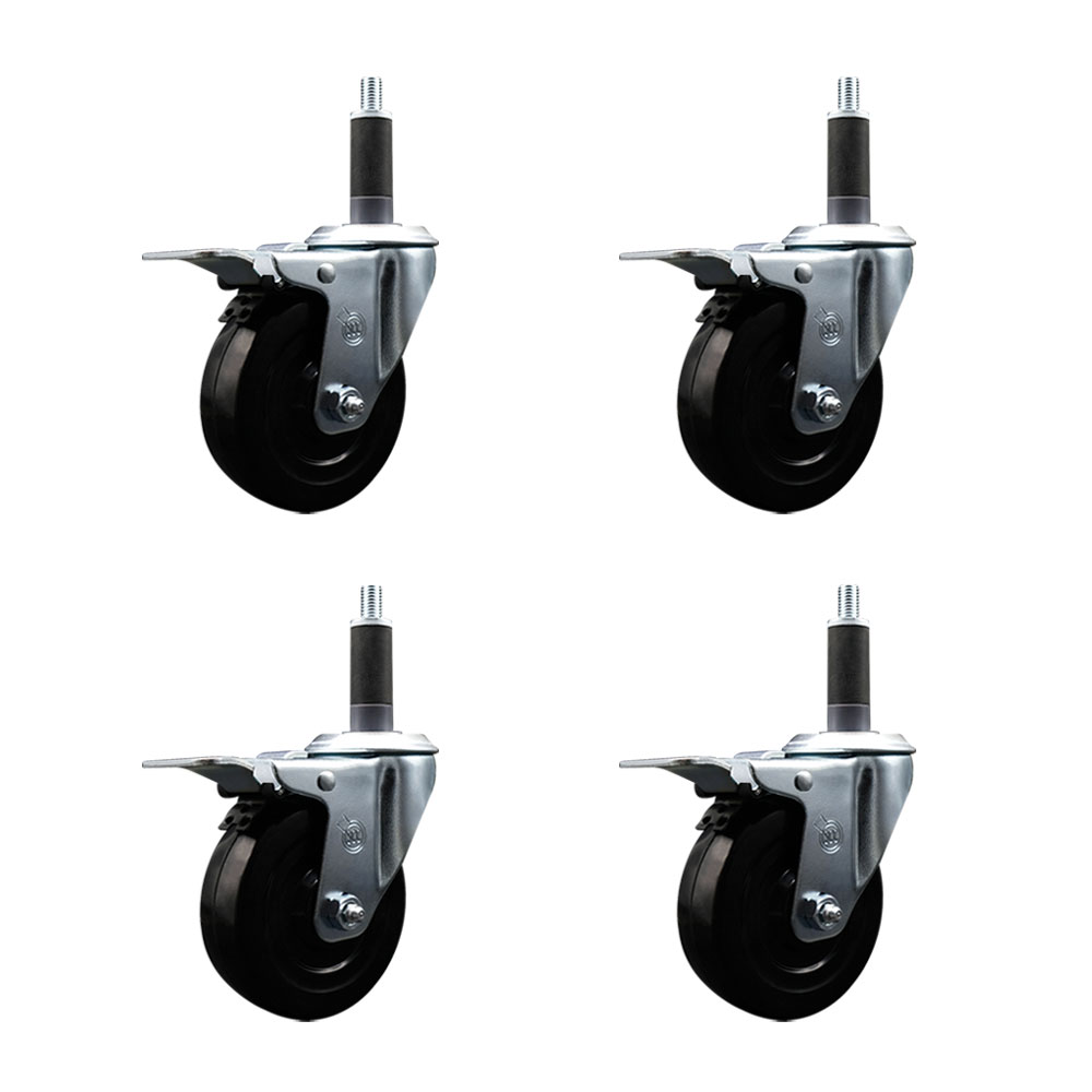 Soft Rubber Swivel Expanding Stem Caster Set of 4 with 4 Inch Black Wheels and 1" Stems - Includes 4 Swivel with Total Locking Brakes - 200 lbs. Capacity Per Caster - Service Caster Brand — photo 1