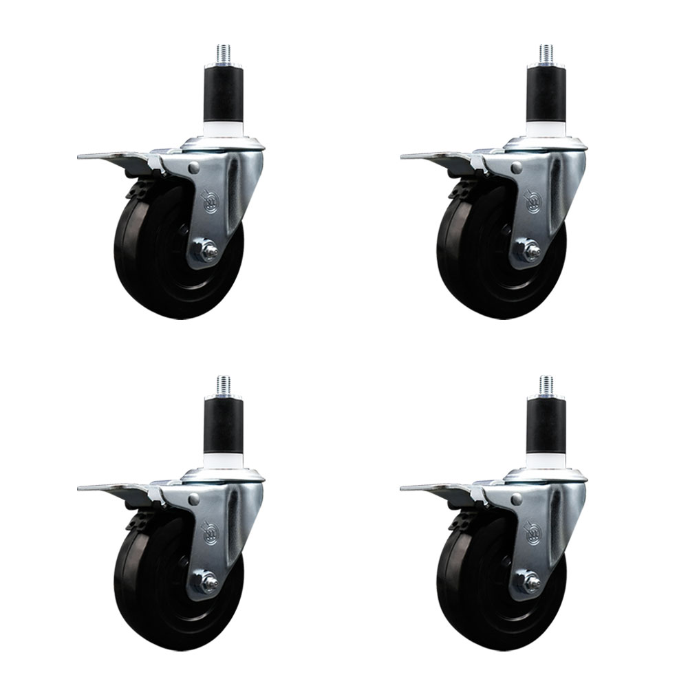 Soft Rubber Swivel Expanding Stem Caster Set of 4 with 4 Inch Black Wheels and 1-1/2" Stems - Includes 4 Swivel with Total Locking Brakes - 200 lbs. Capacity Per Caster - Service Caster Brand — photo 1