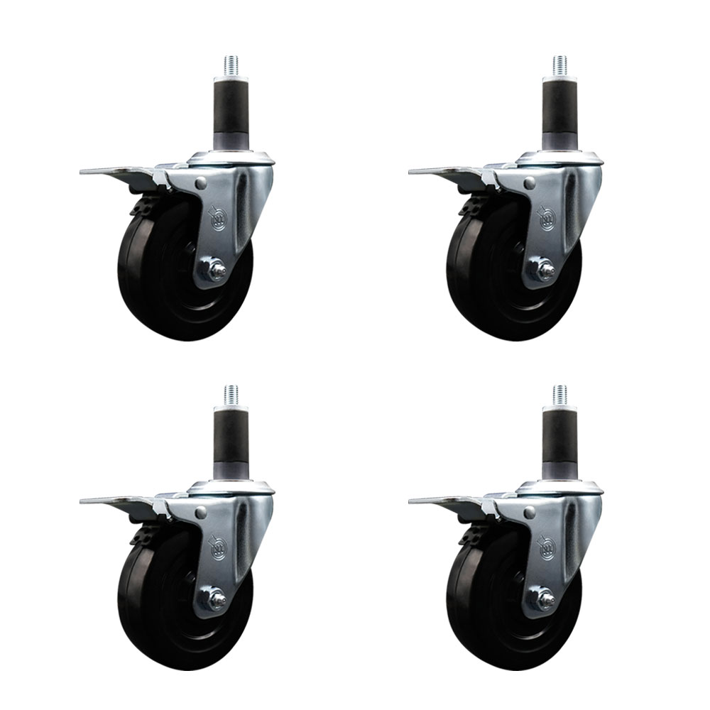 Soft Rubber Swivel Expanding Stem Caster Set of 4 with 4 Inch Black Wheels and 1-1/4" Stems - Includes 4 Swivel with Total Locking Brakes - 200 lbs. Capacity Per Caster - Service Caster Brand — photo 1