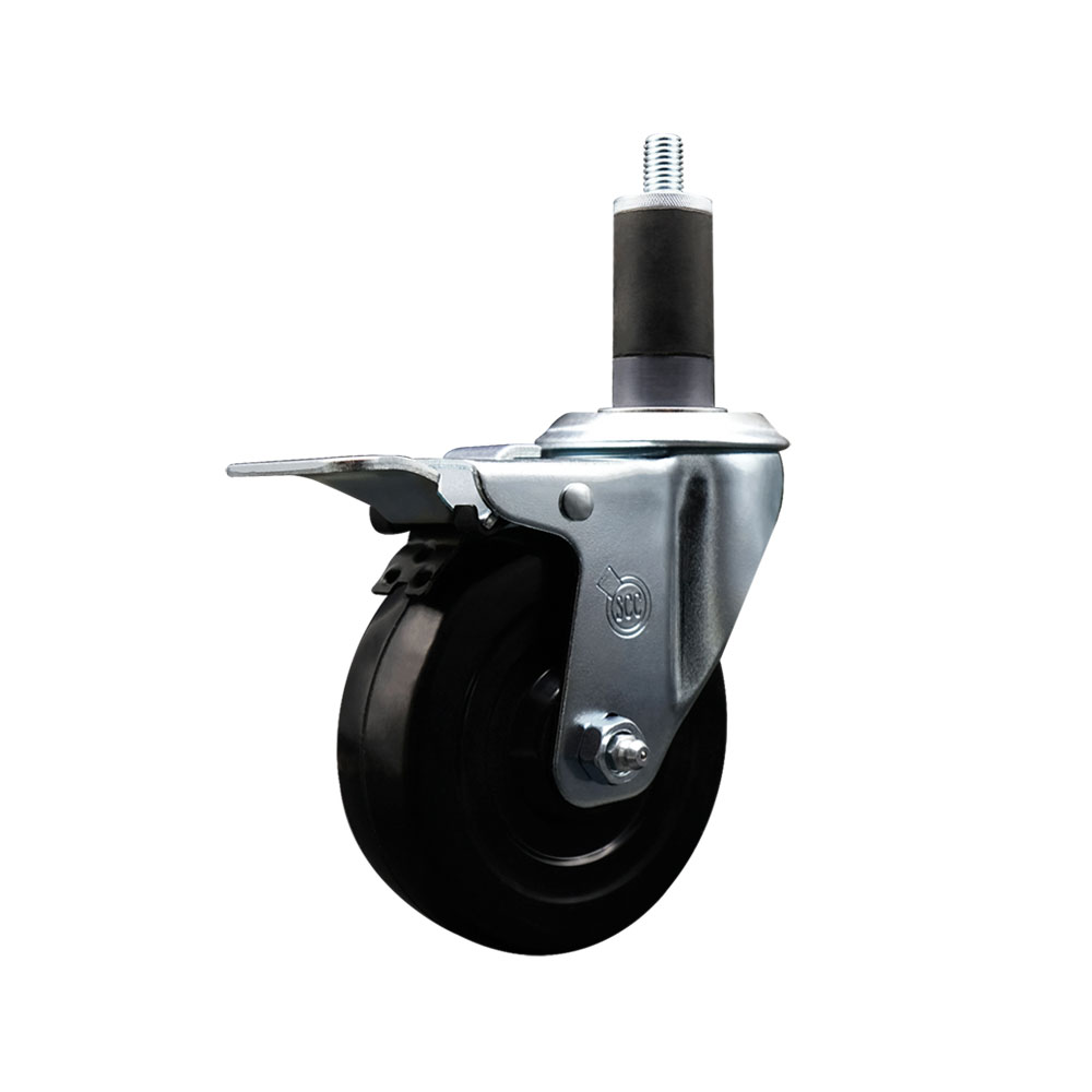 Stainless Steel Soft Rubber Expanding Stem Swivel Caster with 4 Inch Black Wheel and 1-1/4" Stem & Total Locking Brake - 200 lbs. Capacity Per Caster - Service Caster Brand — photo 1