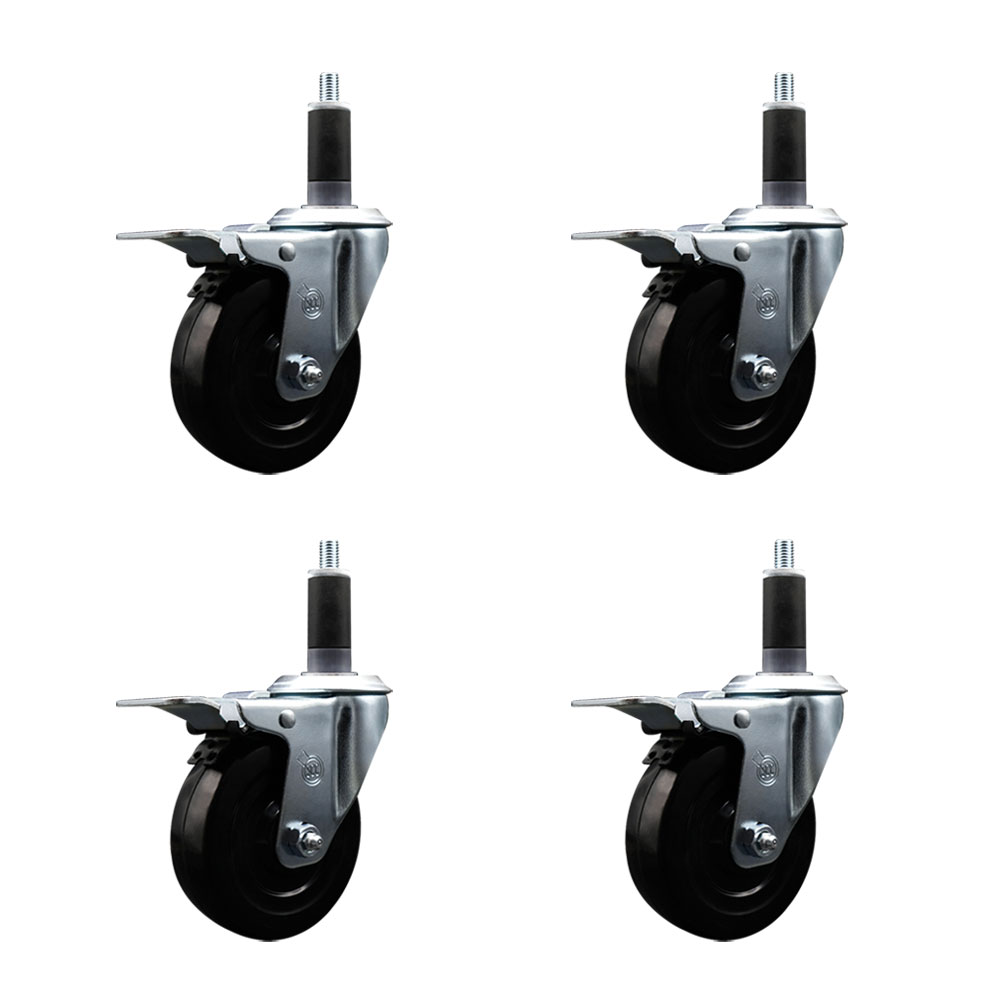 Stainless Steel Soft Rubber Swivel Expanding Stem Caster Set of 4 with 4 Inch Black Wheels and 1-1/8" Stems - 4 Swivel with Total Locking Brakes - 200 lbs. Capacity Per Caster - Service Caster Brand — photo 1