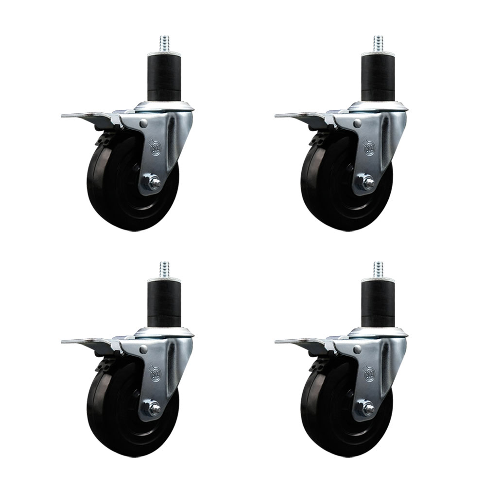Stainless Steel Soft Rubber Swivel Expanding Stem Caster Set of 4 with 4 Inch Black Wheels and 1-3/4" Stems - 4 Swivel with Total Locking Brakes - 200 lbs. Capacity Per Caster - Service Caster Brand — photo 1