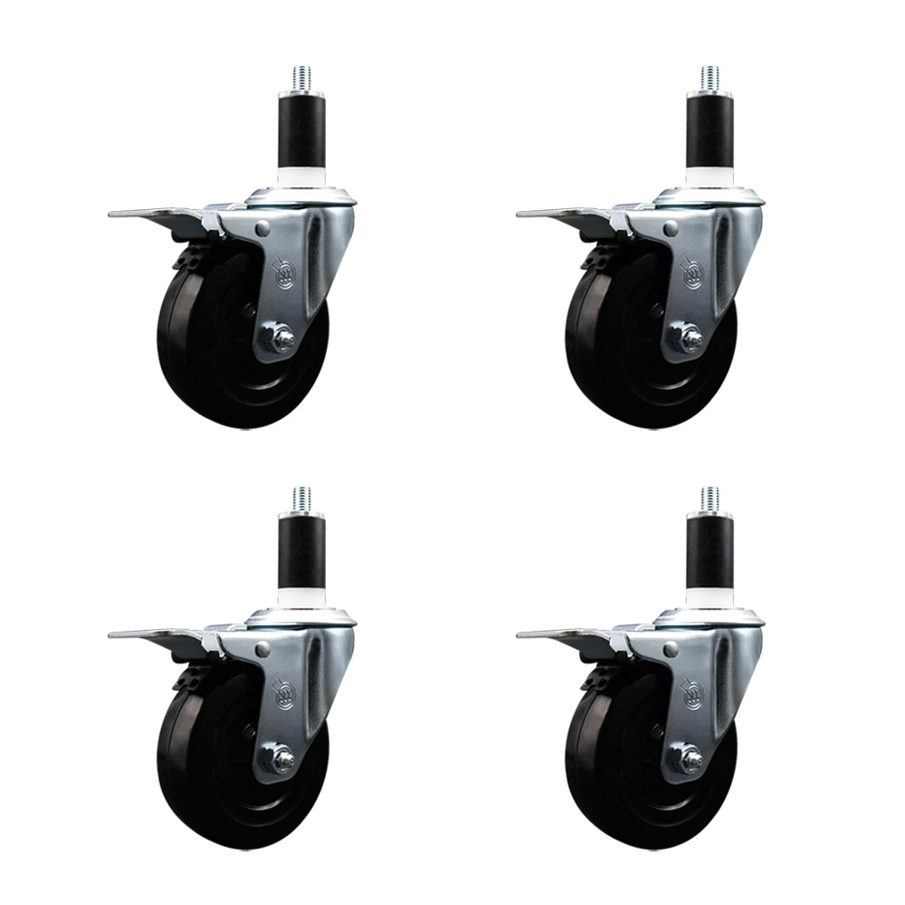 Soft Rubber Swivel Expanding Stem Caster Set of 4 with 4 Inch Black Wheels and 1-3/8" Stems - Includes 4 Swivel with Total Locking Brakes - 200 lbs. Capacity Per Caster - Service Caster Brand — photo 1