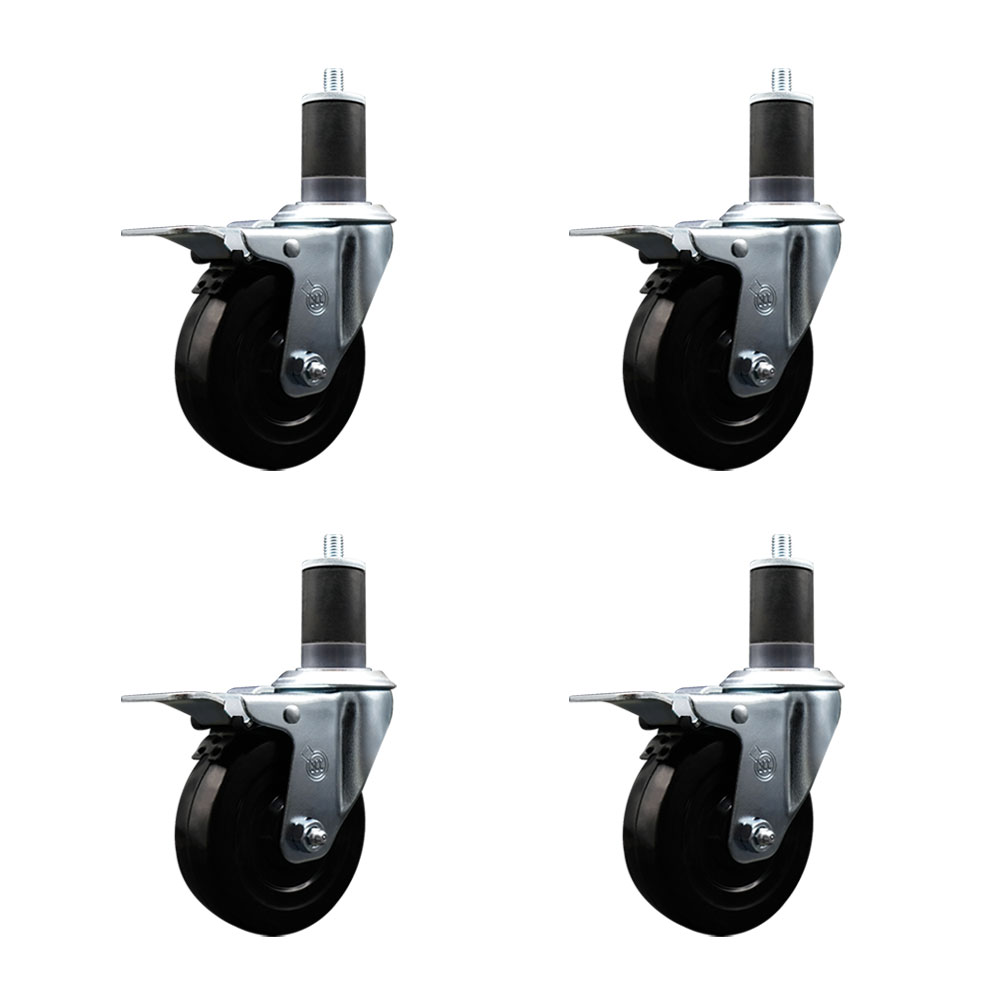 Stainless Steel Hard Rubber Swivel Expanding Stem Caster Set of 4 w/4" x 1.25" Black Wheels and 1-5/8" Stems - Includes 4 with Total Lock Brakes - 1200 lbs Total Capacity - Service Caster Brand — photo 1