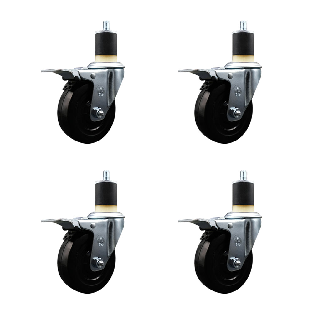Soft Rubber Swivel Expanding Stem Caster Set of 4 with 4 Inch Black Wheels and 1-7/8" Stems - Includes 4 Swivel with Total Locking Brakes - 200 lbs. Capacity Per Caster - Service Caster Brand — photo 1