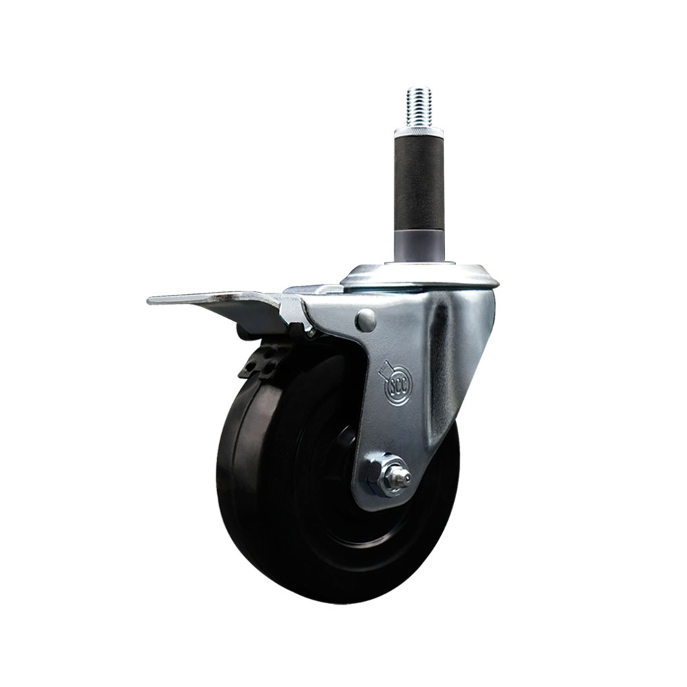 Soft Rubber Expanding Stem Swivel Caster with 4 Inch Black Wheel and 1" Stem & Total Locking Brake - 200 lbs. Capacity Per Caster - Service Caster Brand — photo 1