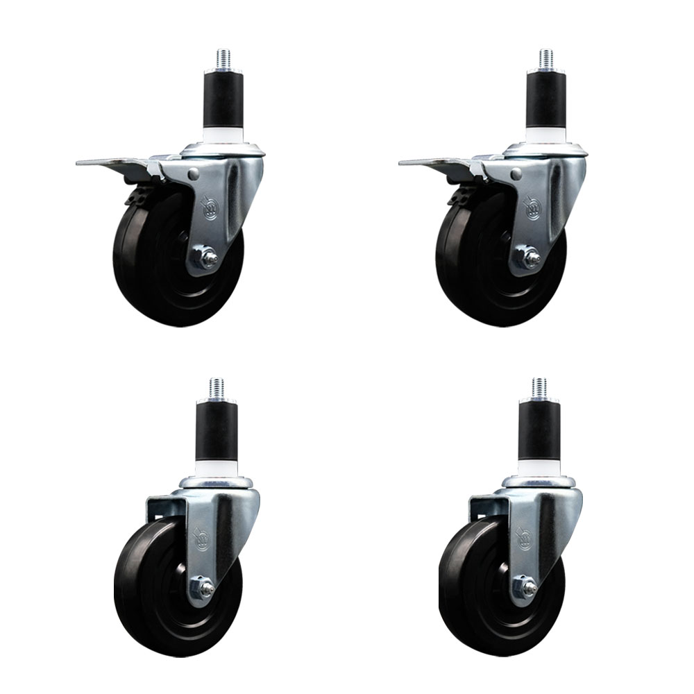 Stainless Steel Soft Rubber Swivel Expanding Stem Caster Set of 4 with 4 Inch Black Wheels and 1-1/2" Stems - Includes 2 with Total Locking Brakes - 800 lbs Total Capacity - Service Caster Brand — photo 1