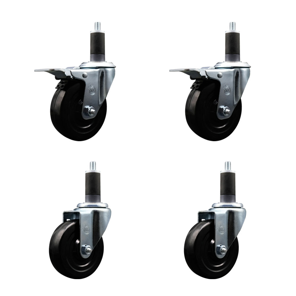 Stainless Steel Soft Rubber Swivel Expanding Stem Caster Set of 4 with 4 Inch Black Wheels and 1-1/4" Stems - Includes 2 with Total Locking Brakes - 800 lbs Total Capacity - Service Caster Brand — photo 1