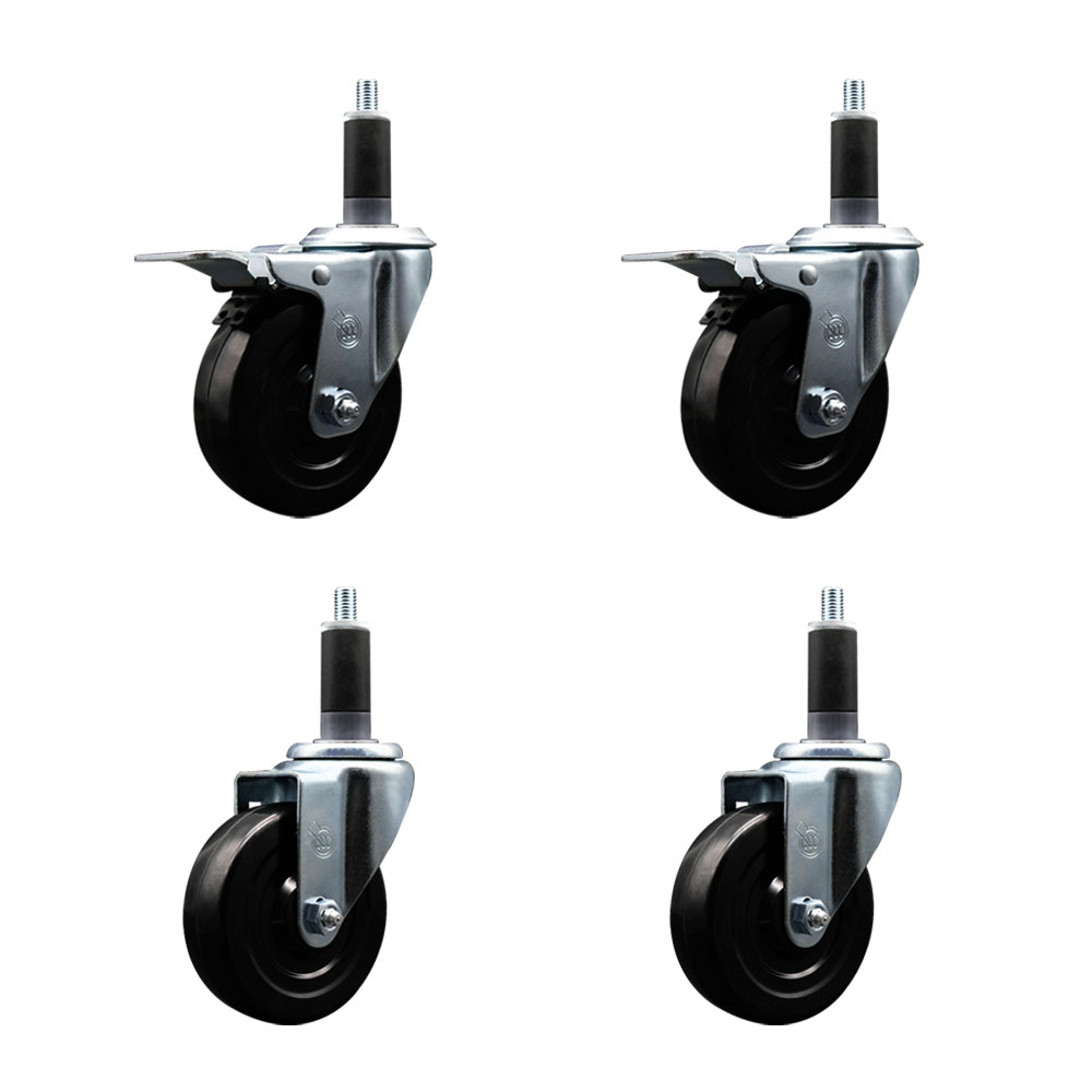 Soft Rubber Swivel Expanding Stem Caster Set of 4 with 4 Inch Black Wheels and 1-1/8" Stems - Includes 2 with Total Locking Brakes - 800 lbs Total Capacity - Service Caster Brand — photo 1
