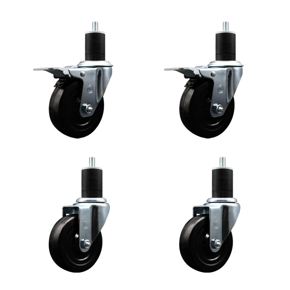 Soft Rubber Swivel Expanding Stem Caster Set of 4 with 4 Inch Black Wheels and 1-3/4" Stems - Includes 2 with Total Locking Brakes - 800 lbs Total Capacity - Service Caster Brand — photo 1