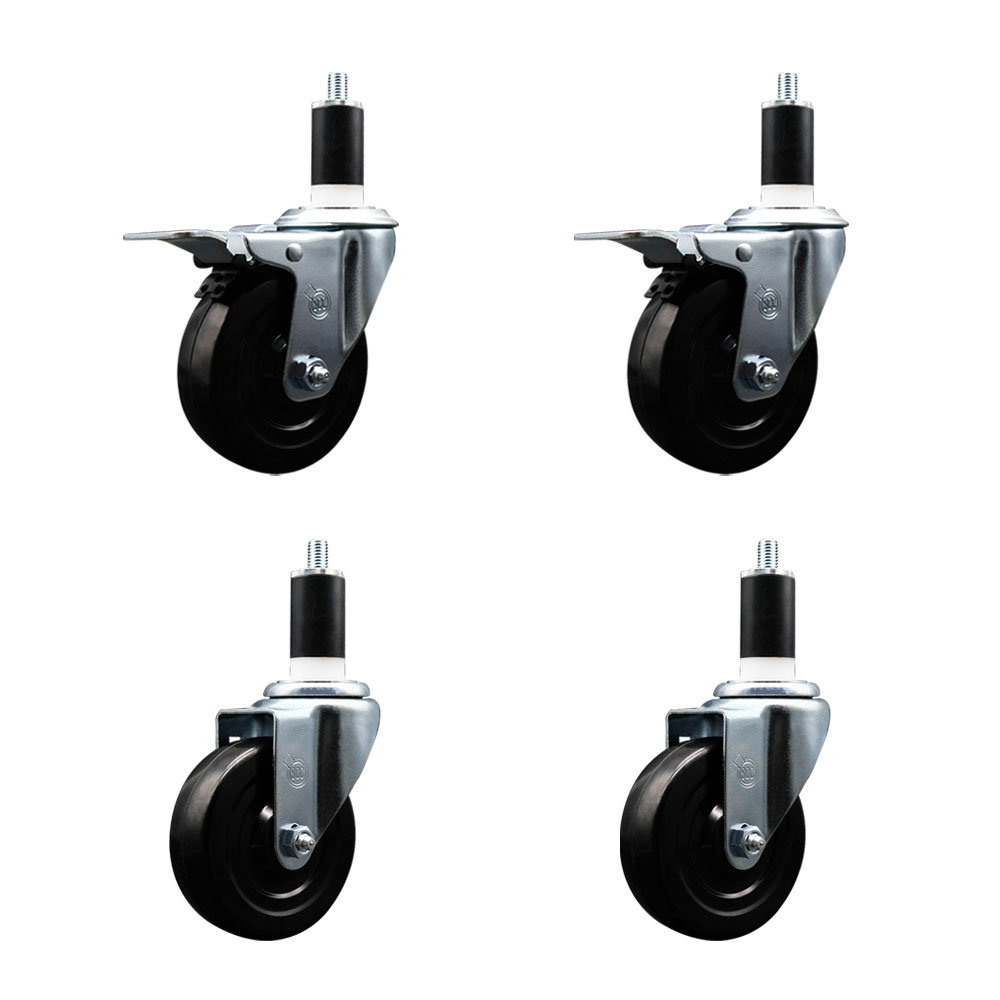 Hard Rubber Swivel Expanding Stem Caster Set of 4 w/4" x 1.25" Black Wheels and 1-3/8" Stems - Includes 2 with Total Locking Brake - 1200 lbs Total Capacity - Service Caster Brand — photo 1