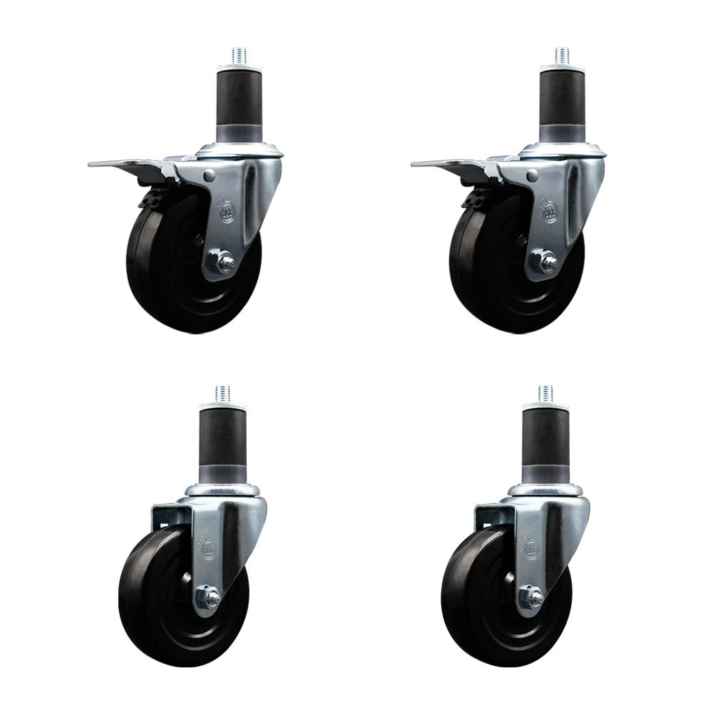 Hard Rubber Swivel Expanding Stem Caster Set of 4 w/4" x 1.25" Black Wheels and 1-5/8" Stems - Includes 2 with Total Locking Brake - 1200 lbs Total Capacity - Service Caster Brand — photo 1