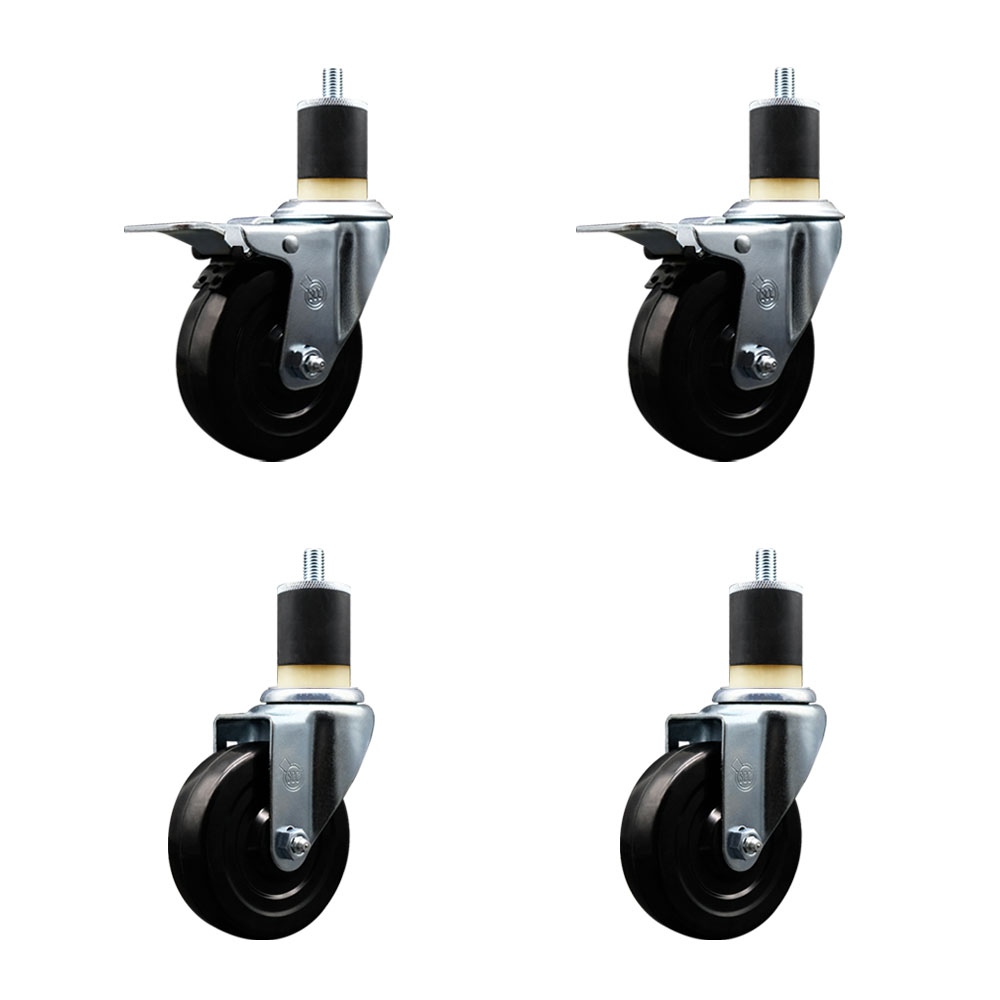 Stainless Steel Soft Rubber Swivel Expanding Stem Caster Set of 4 with 4 Inch Black Wheels and 1-7/8" Stems - Includes 2 with Total Locking Brakes - 800 lbs Total Capacity - Service Caster Brand — photo 1