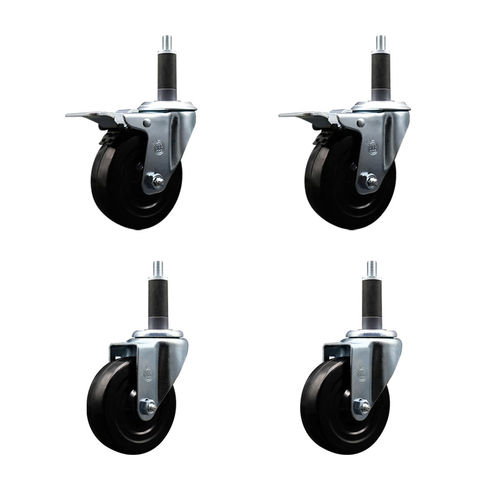 Soft Rubber Swivel Expanding Stem Caster Set of 4 with 4 Inch Black Wheels and 1" Stems - Includes 2 with Total Locking Brakes - 800 lbs Total Capacity - Service Caster Brand — photo 1